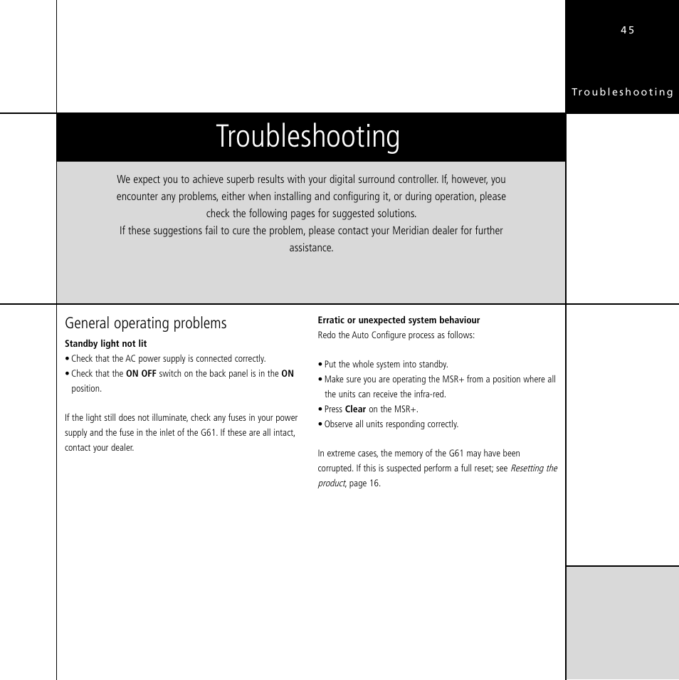 Troubleshooting, Troubleshooting 45, General operating problems | Meridian Audio Digital Surround Controller G61 User Manual | Page 50 / 59