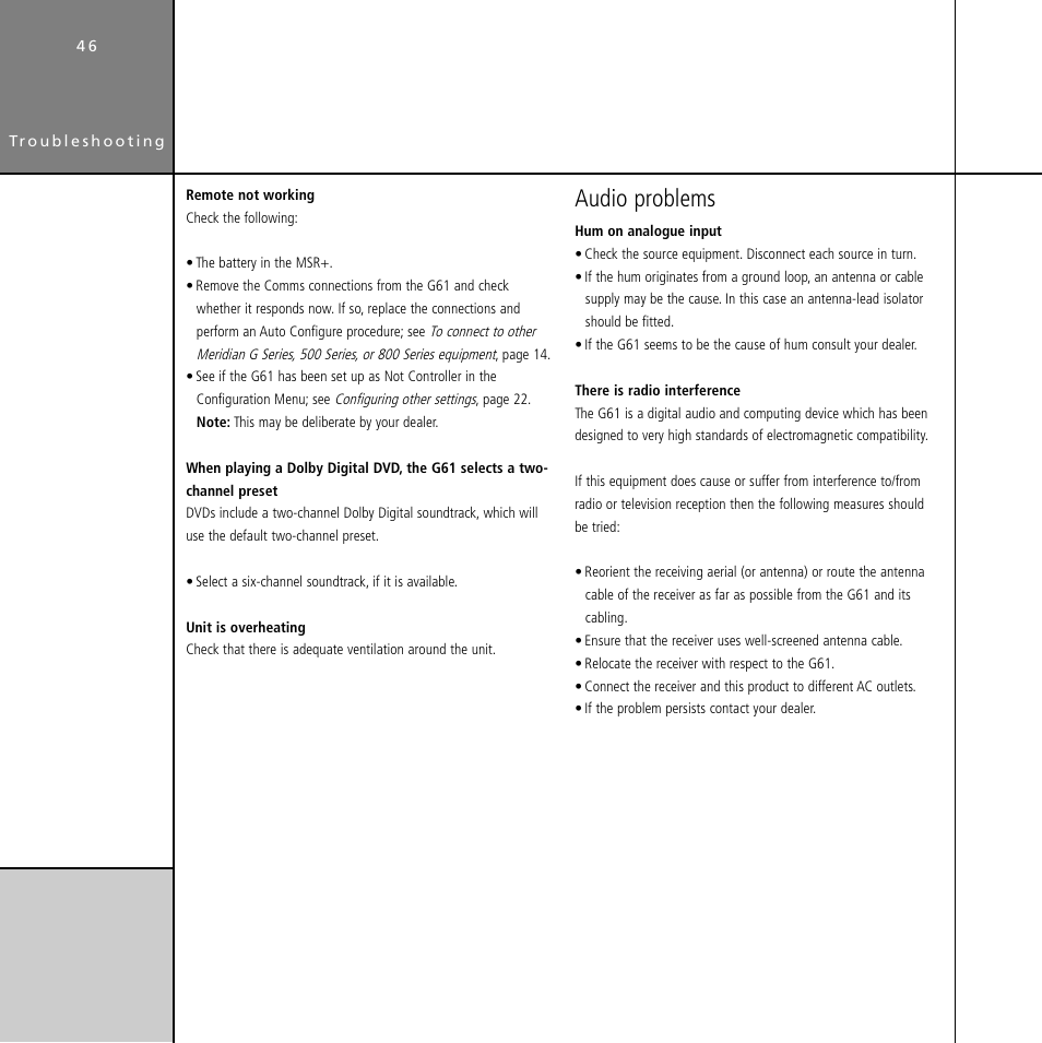 Audio problems | Meridian Audio Digital Surround Controller G61 User Manual | Page 51 / 59