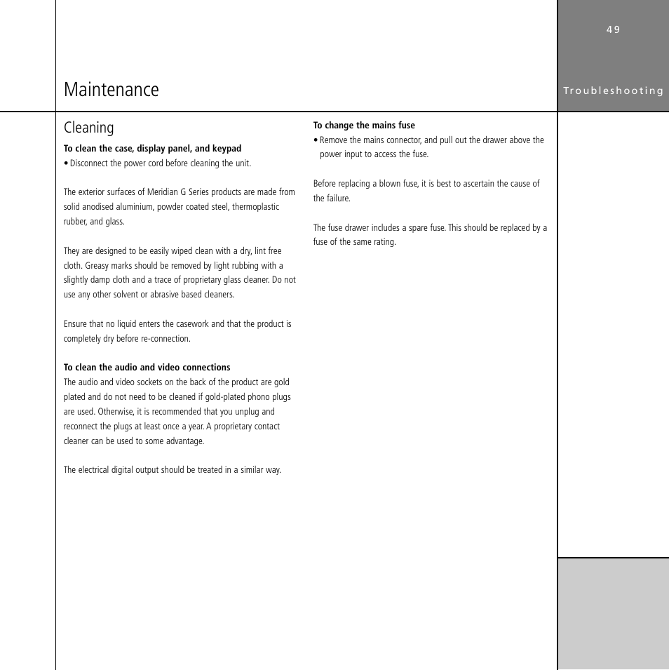 Maintenance, Cleaning, Mains fuse, changing | Maintenance 49 | Meridian Audio Digital Surround Controller G61 User Manual | Page 54 / 59