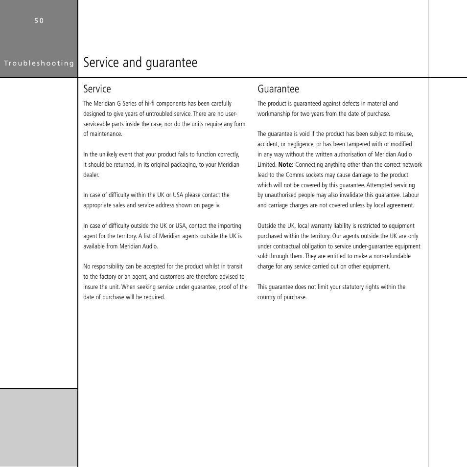 Service and guarantee, Guarantee, Service | Meridian Audio Digital Surround Controller G61 User Manual | Page 55 / 59