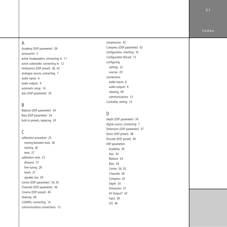 Index, Configuring, Connections | Dsp parameters, Index 51 | Meridian Audio Digital Surround Controller G61 User Manual | Page 56 / 59