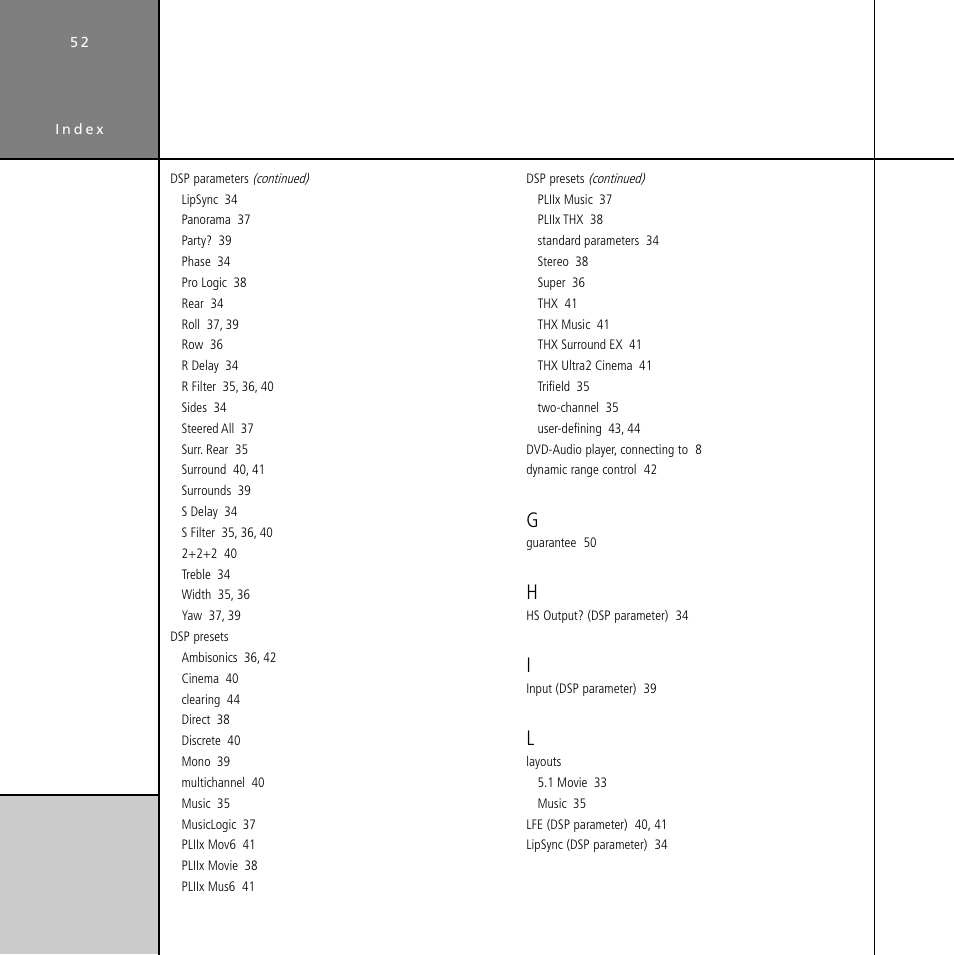 Dsp presets, Layouts | Meridian Audio Digital Surround Controller G61 User Manual | Page 57 / 59