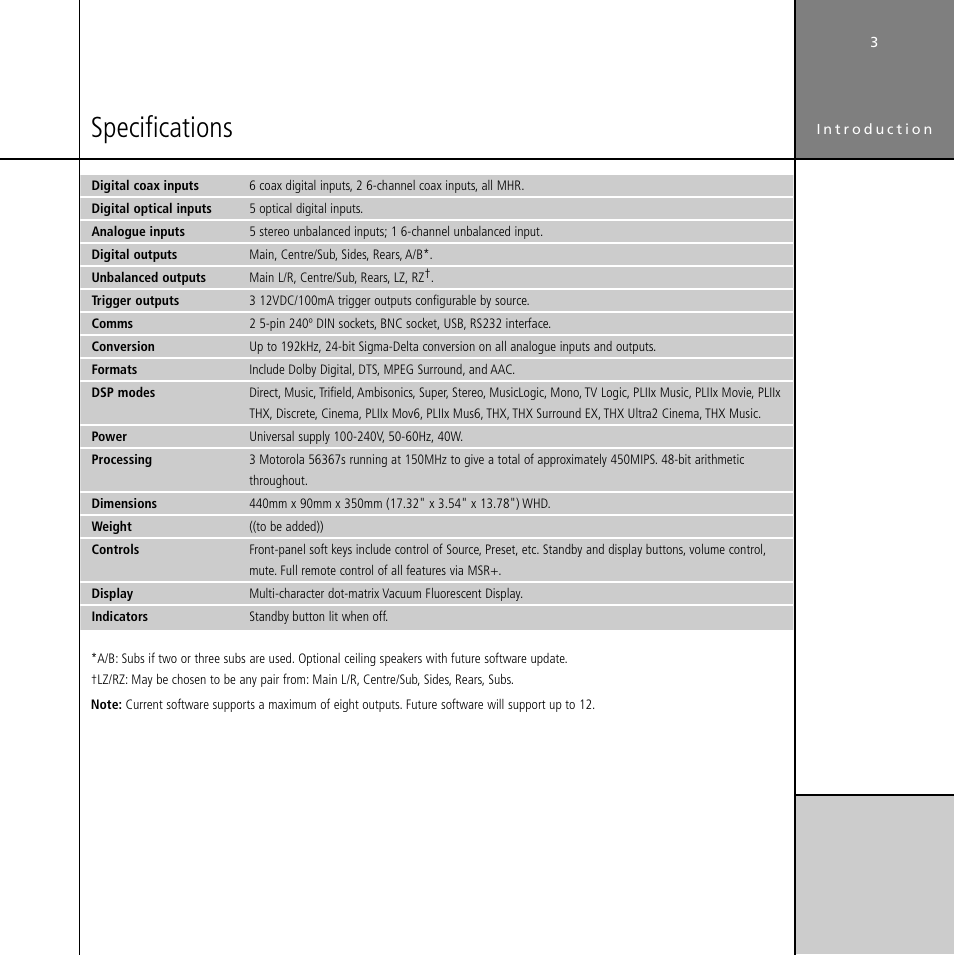 Specifications, Specifications 3 | Meridian Audio Digital Surround Controller G61 User Manual | Page 8 / 59