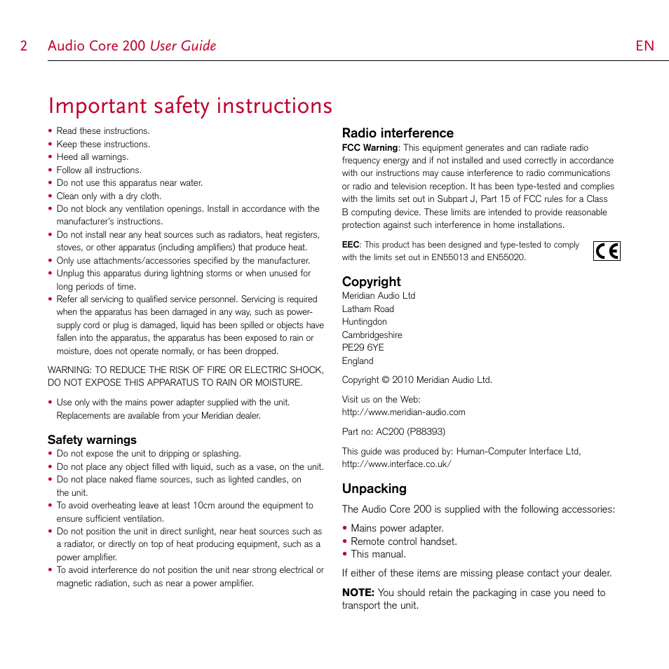 Important safety instructions, Audio core 200 user guide 2 en en, Radio interference | Copyright, Unpacking | Meridian Audio AUDI CORE 200 User Manual | Page 2 / 6