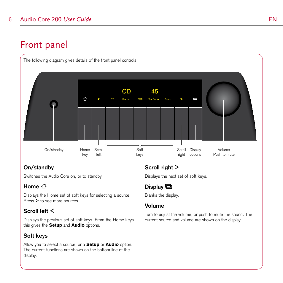 Front panel, Audio core 200 user guide  en, Cd 45 | On/standby, Home h, Scroll left, Soft keys, Scroll right, Display s, Volume | Meridian Audio AUDI CORE 200 User Manual | Page 6 / 6