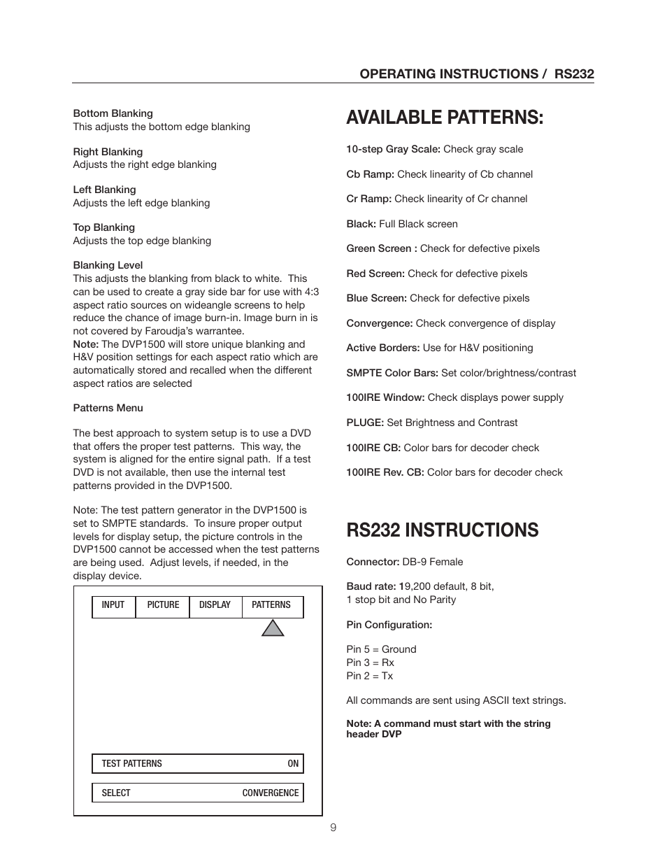 Available patterns, Rs232 instructions | Meridian Audio DVP1500 User Manual | Page 13 / 52