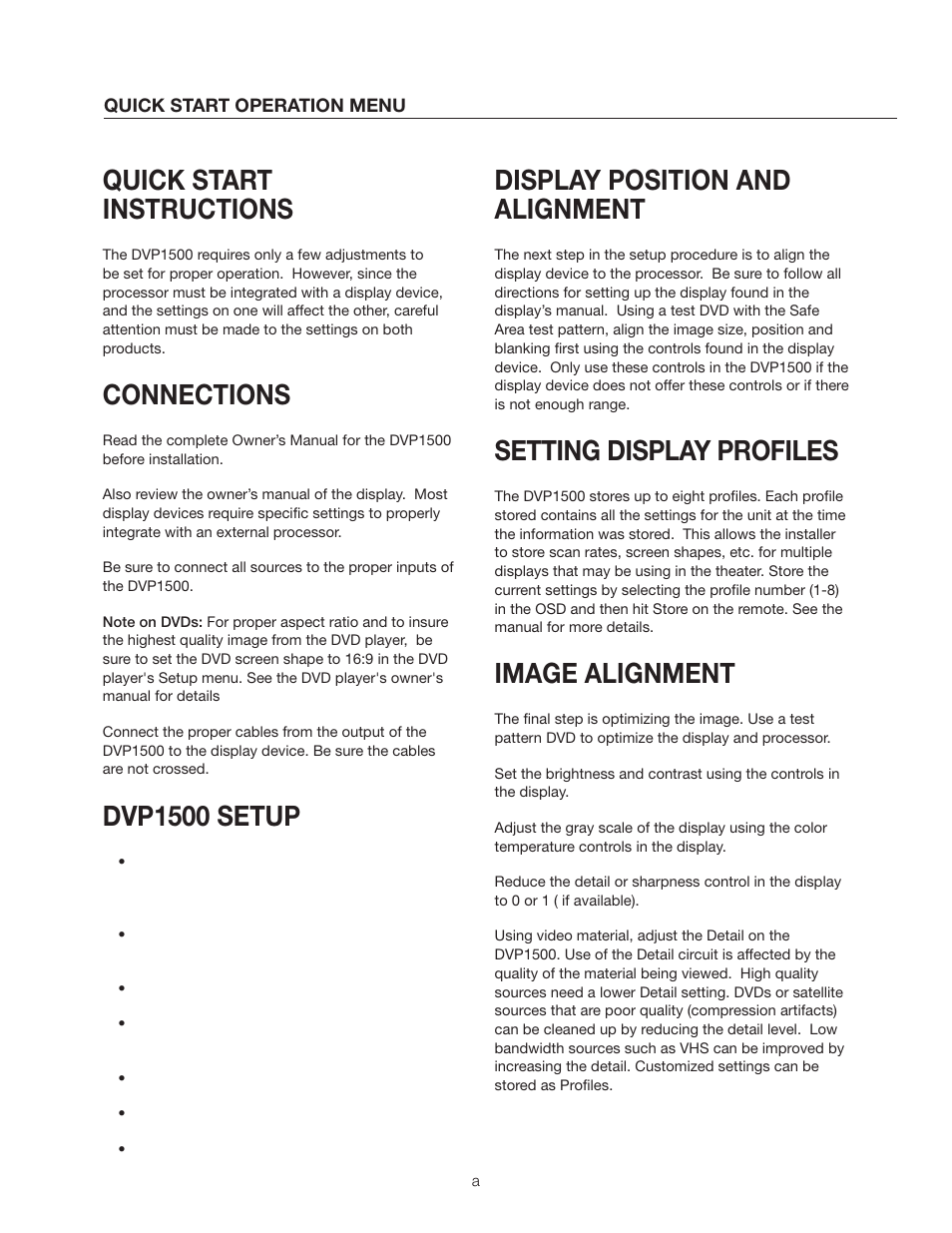 Quick start instructions, Connections, Dvp1500 setup | Display position and alignment, Setting display profiles, Image alignment | Meridian Audio DVP1500 User Manual | Page 2 / 52