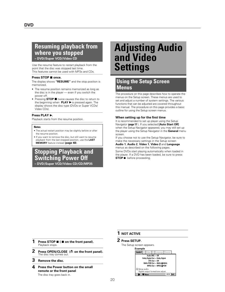 Adjusting audio and video settings, Resuming playback from where you stopped, Stopping playback and switching power off | Using the setup screen menus | Meridian Audio DVP1500 User Manual | Page 24 / 52