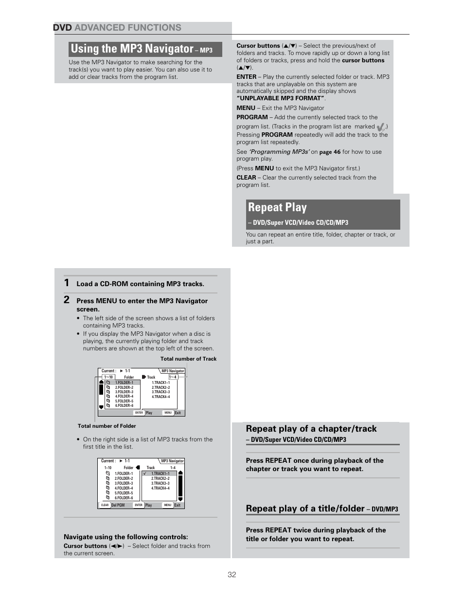 Using the mp3 navigator, Repeat play, Dvd advanced functions | Repeat play of a chapter/track, Repeat play of a title/folder | Meridian Audio DVP1500 User Manual | Page 36 / 52