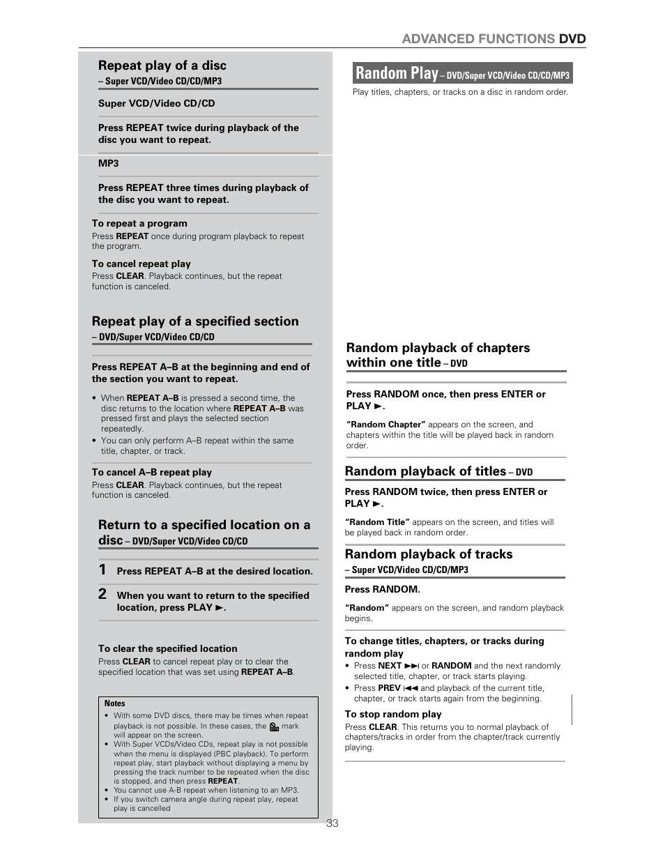 Random play, Advanced functions dvd repeat play of a disc, Return to a specified location on a disc | Random playback of chapters within one title, Random playback of titles, Random playback of tracks | Meridian Audio DVP1500 User Manual | Page 37 / 52