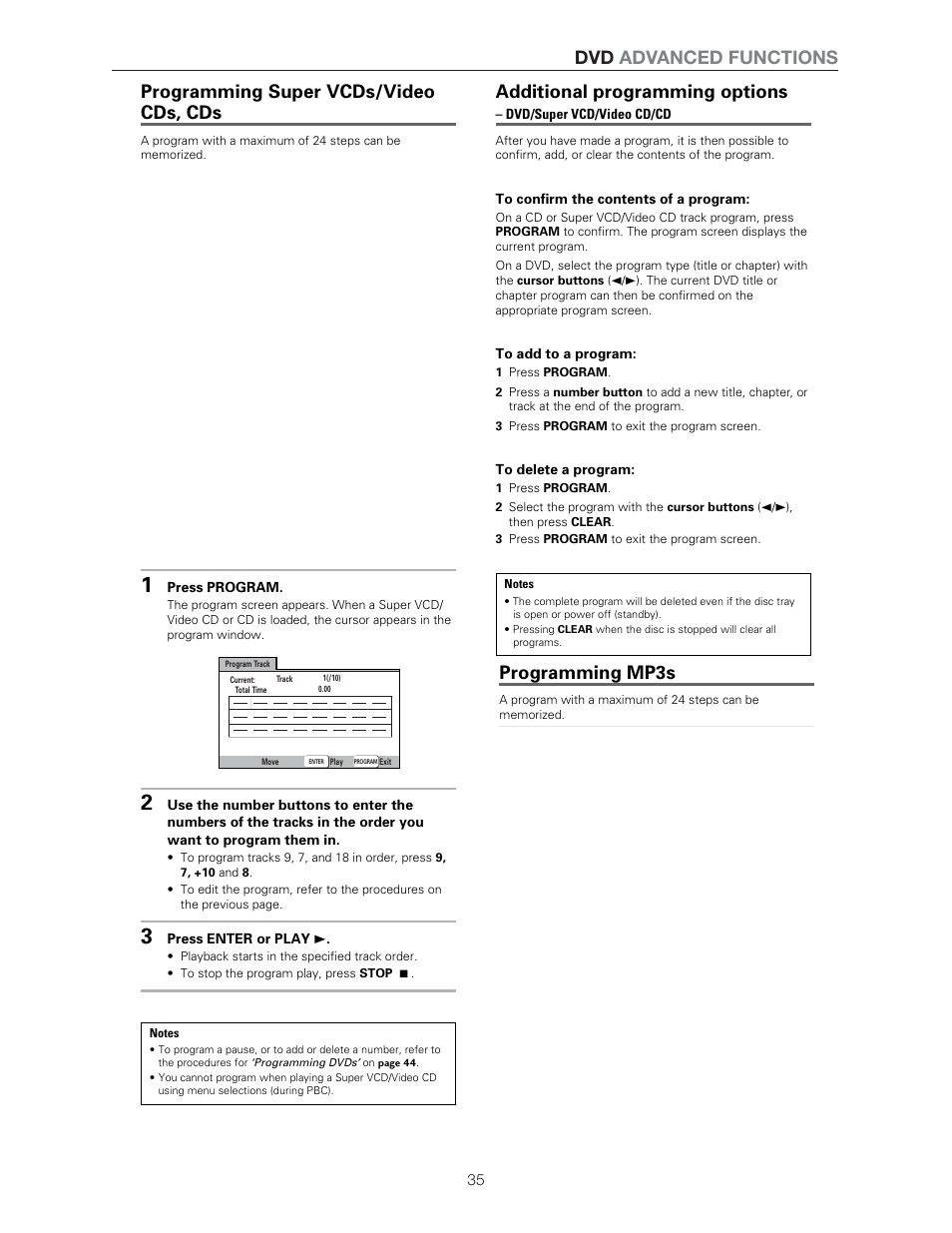 Additional programming options, Programming super vcds/video cds, cds, Programming mp3s | Dvd advanced functions, Press program, Press enter or play 3, Dvd/super vcd/video cd/cd | Meridian Audio DVP1500 User Manual | Page 39 / 52