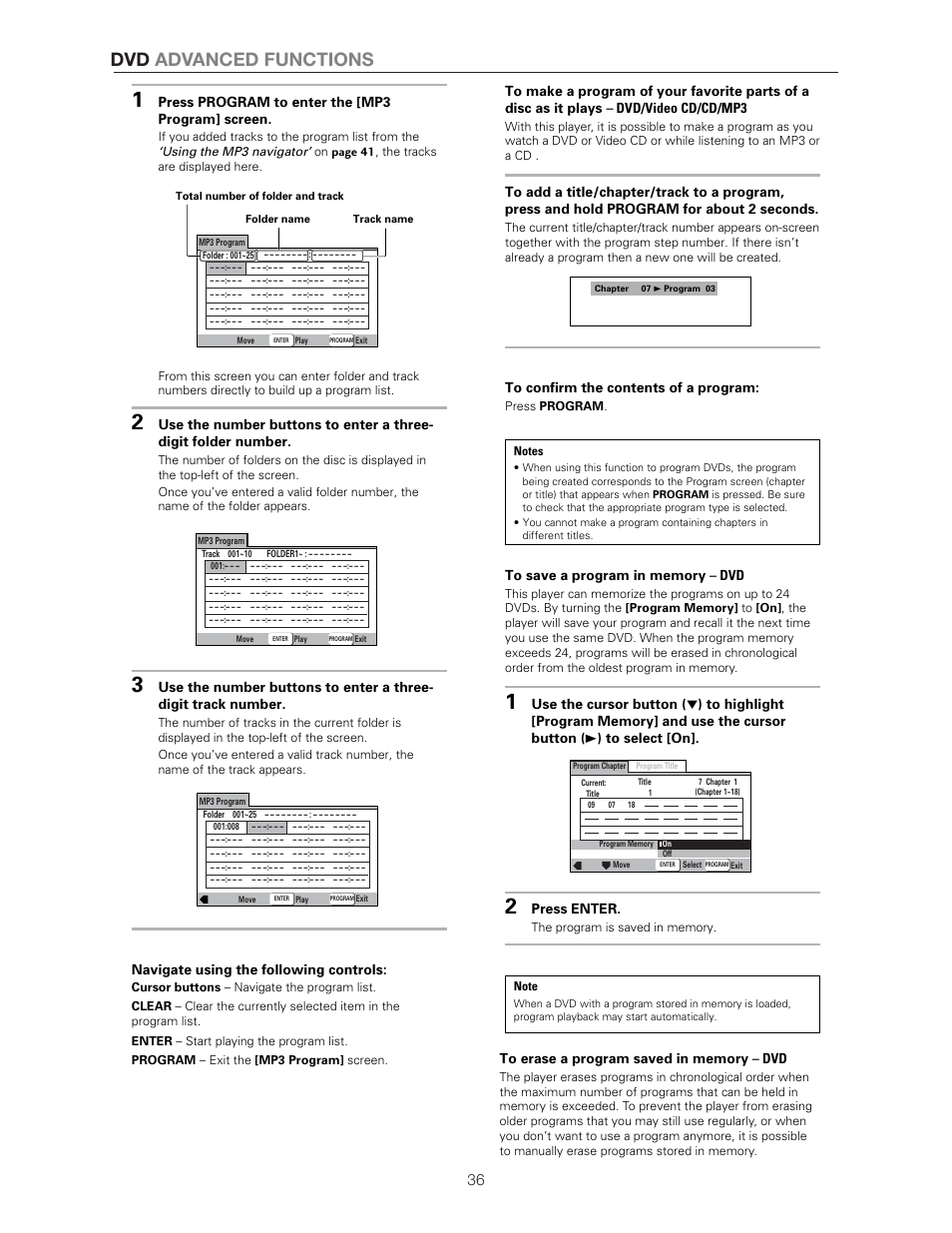 Dvd advanced functions, Press enter, Press program to enter the [mp3 program] screen | Navigate using the following controls | Meridian Audio DVP1500 User Manual | Page 40 / 52