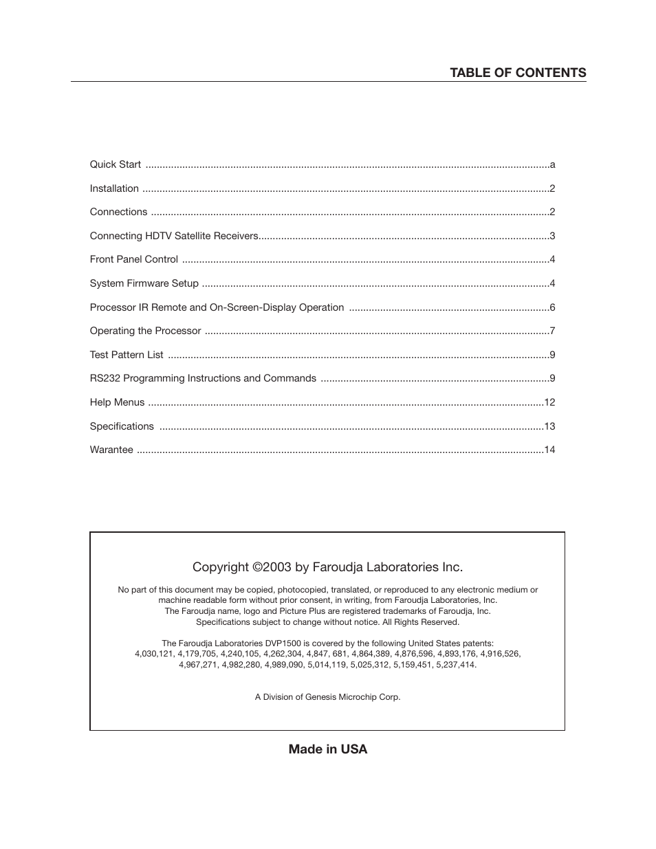 Copyright ©2003 by faroudja laboratories inc, Made in usa table of contents | Meridian Audio DVP1500 User Manual | Page 5 / 52