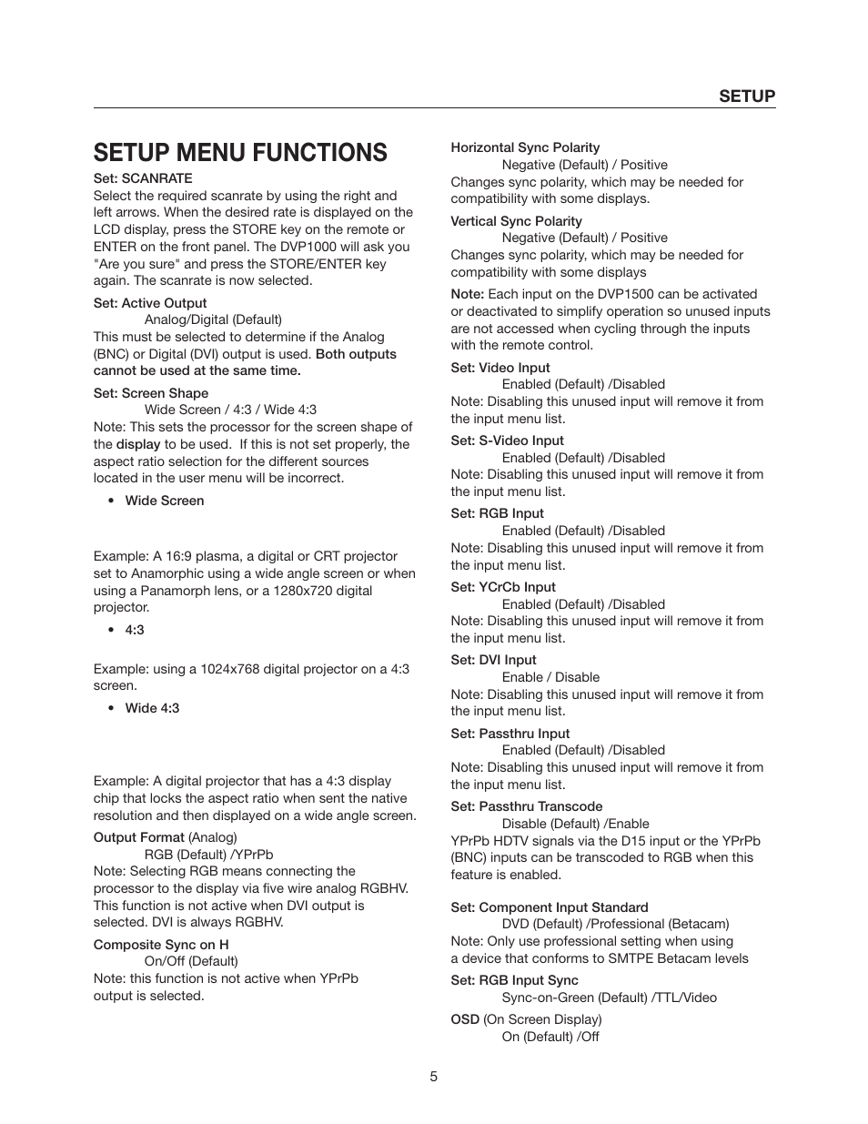 Setup menu functions, Setup | Meridian Audio DVP1500 User Manual | Page 9 / 52