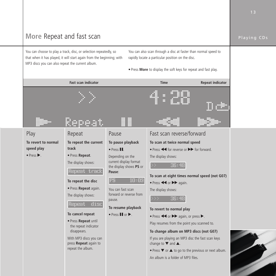 More repeat and fast scan, Fast scan, Repeat play | Mp3 cds, G series cd player or dvd player, Дез сбь йик гез ������� d | Meridian Audio Stereo System User Manual | Page 18 / 50