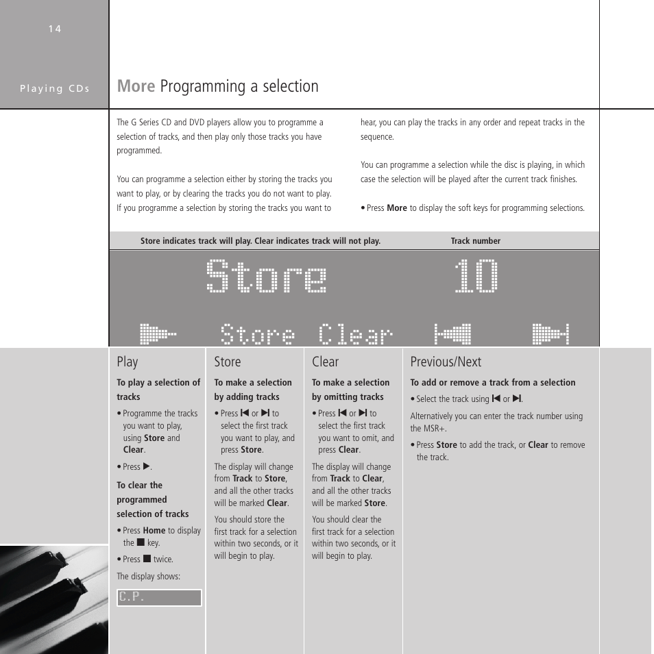 More programming a selection, Programming a selection, Home | Playing cds, Дез дей авд store clear | Meridian Audio Stereo System User Manual | Page 19 / 50