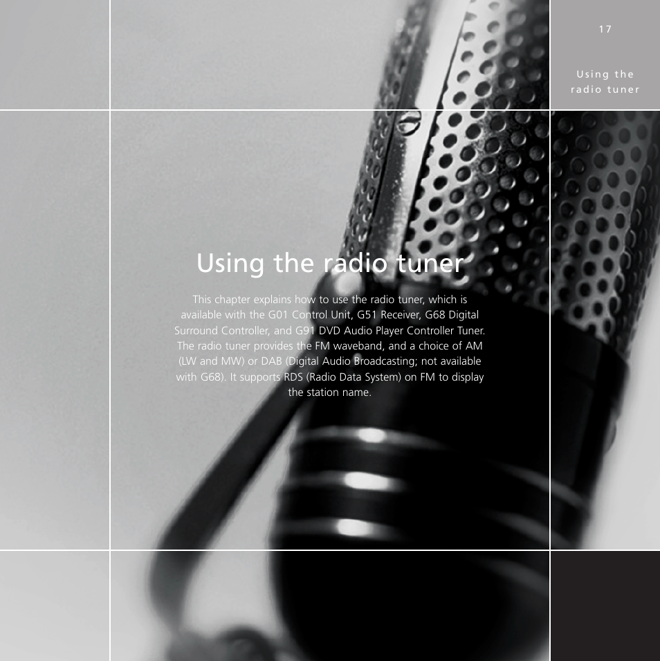 Using the radio tuner, Radio, Tuner, see radio | Display | Meridian Audio Stereo System User Manual | Page 22 / 50