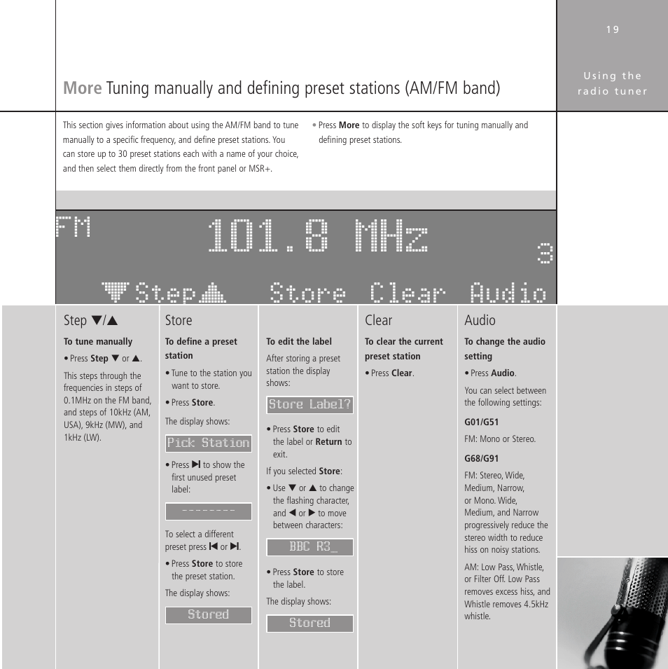 Avoiding hiss, Defining a preset station, Manual tuning | Home, Selecting a station, Store audio clear îïñstepôö fm 3 | Meridian Audio Stereo System User Manual | Page 24 / 50