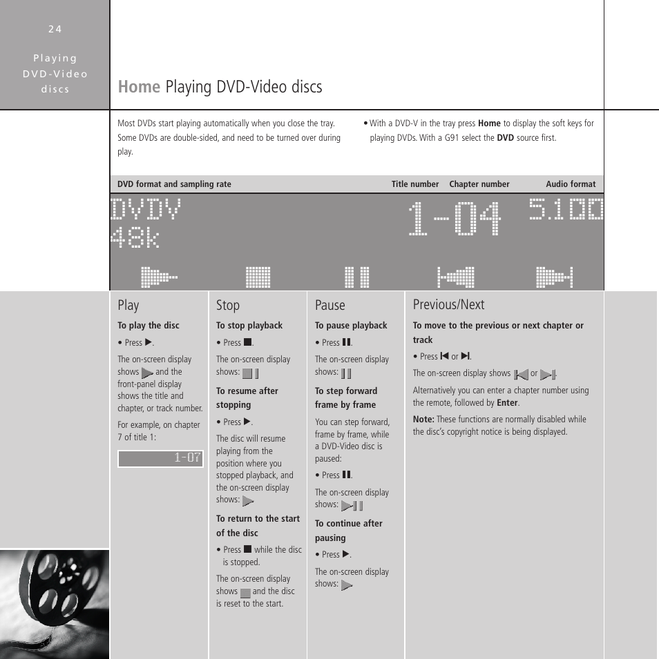 Home playing dvd-video discs, Pausing, Playing | Selecting a chapter, Selecting a track, Stopping play, Home, Playing dvd-video discs, Дез сць сбь дей авд dvdv 48k 5æ | Meridian Audio Stereo System User Manual | Page 29 / 50