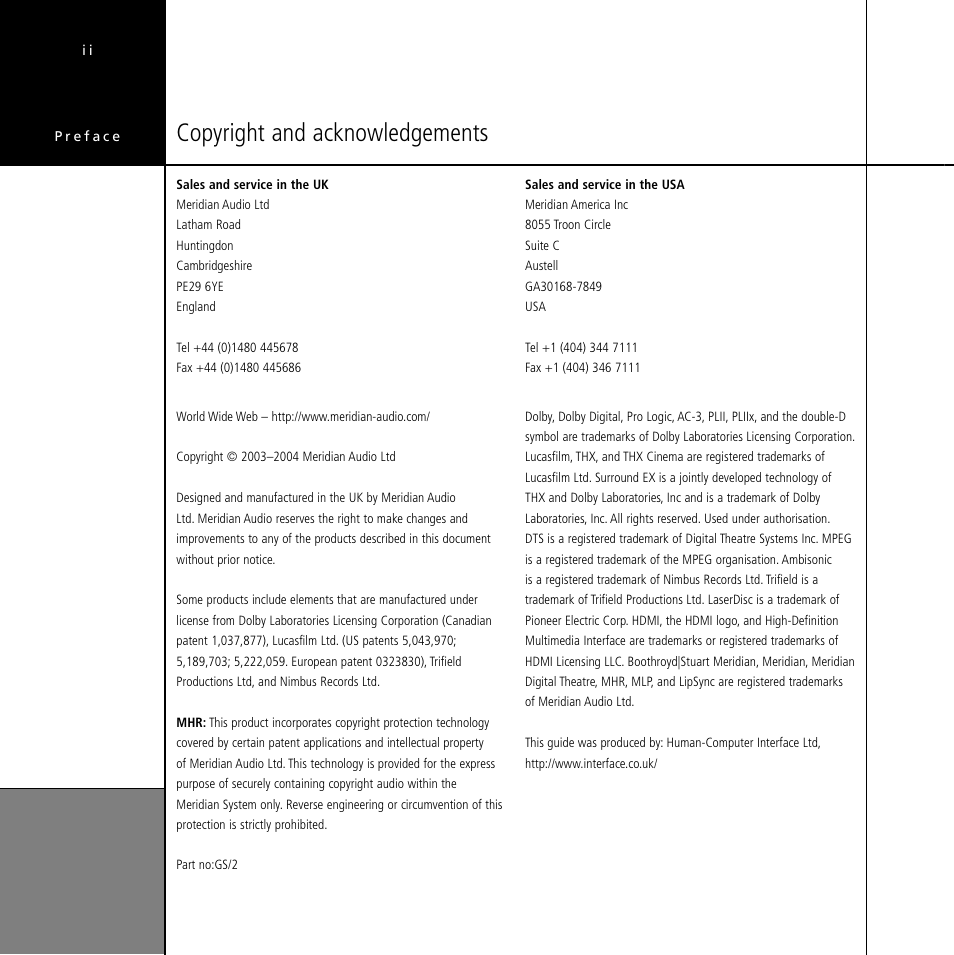 Copyright and acknowledgements | Meridian Audio Stereo System User Manual | Page 3 / 50