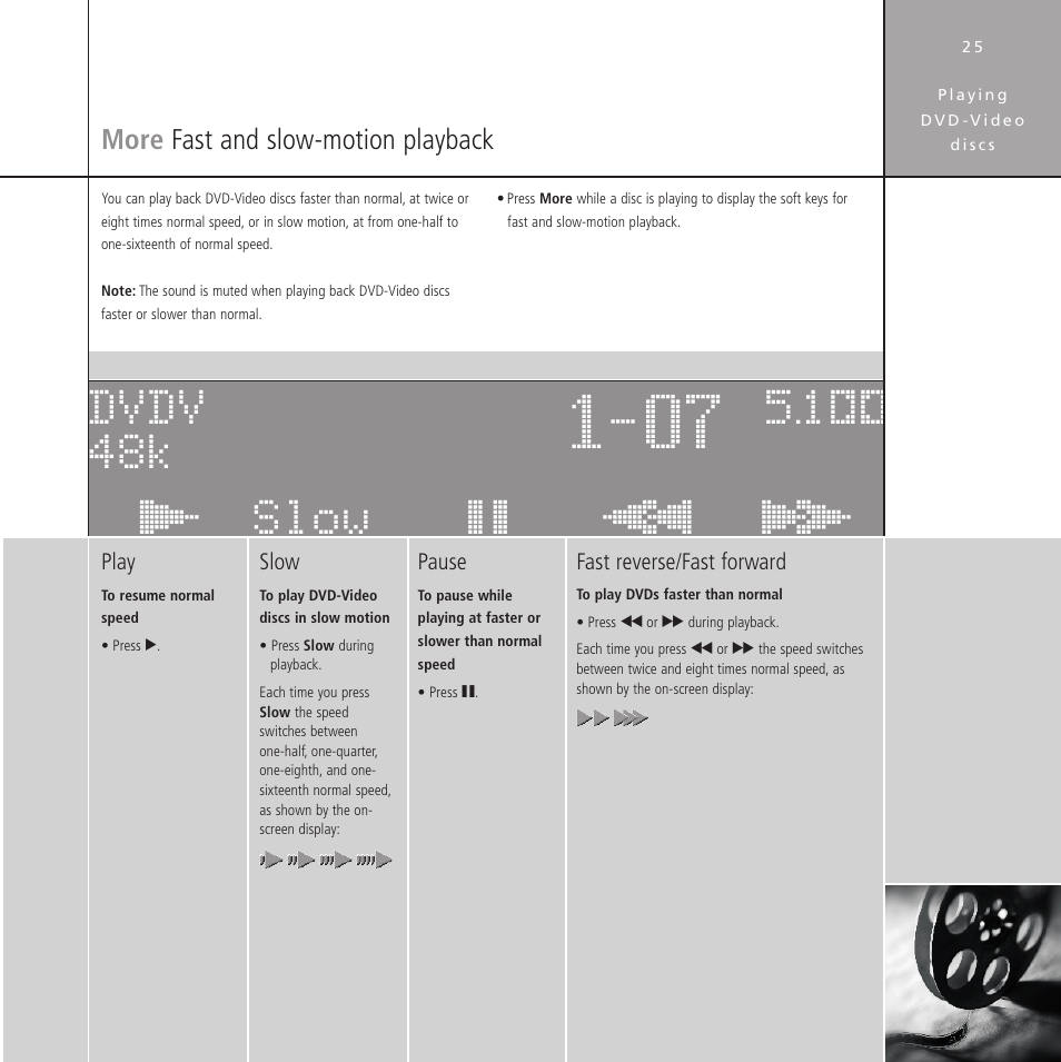 More fast and slow-motion playback, Fast forward/reverse, Slow motion | More, Fast and slow-motion playback, Дез ����� йик гез ���� dvdv 48k 5æ | Meridian Audio Stereo System User Manual | Page 30 / 50