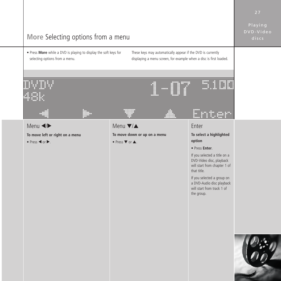 More selecting options from a menu, Selecting menu options, More | Selecting options from a menu, Nter, 3etup, 2eturn, Мо ����� утф enter öõú dvdv 48k 5æ | Meridian Audio Stereo System User Manual | Page 32 / 50