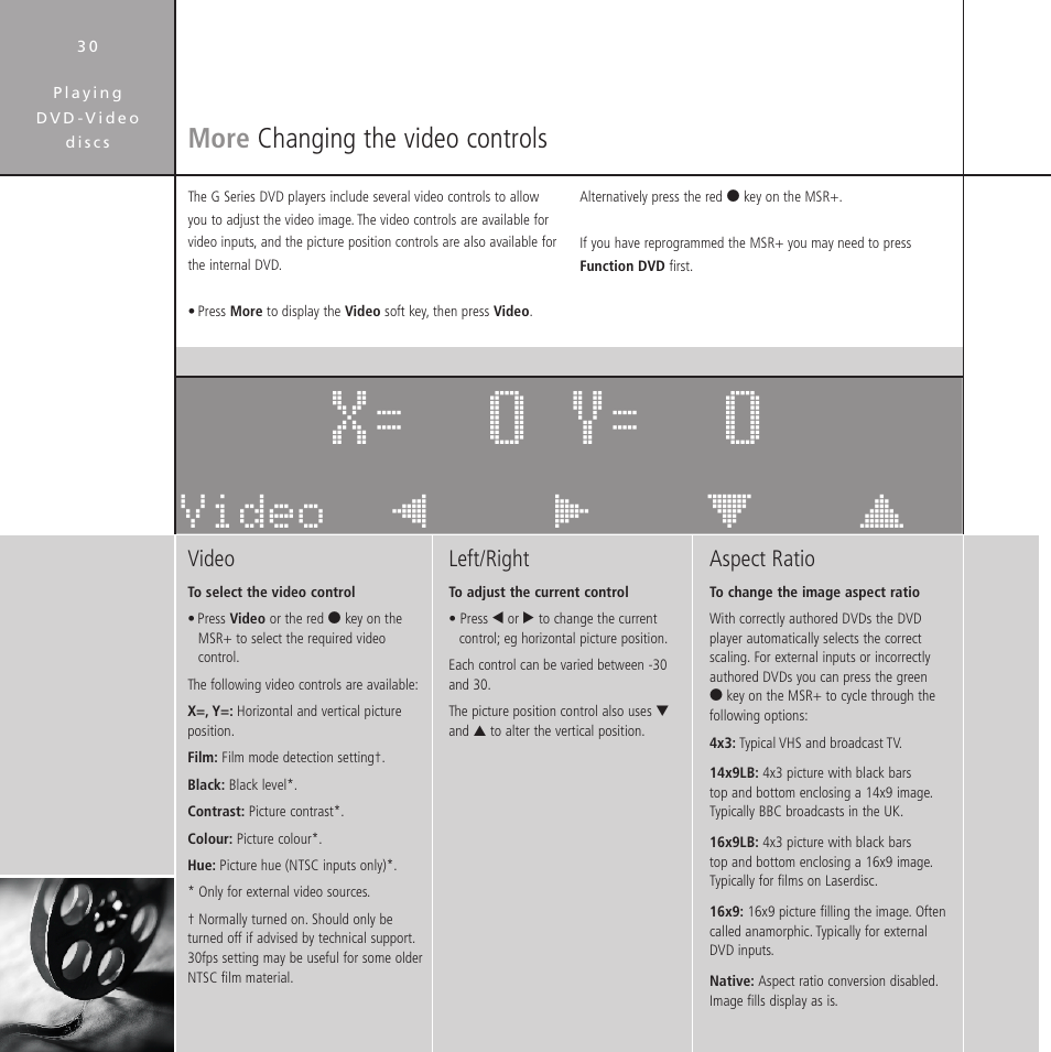 More changing the video controls, Aspect ratio, changing, Black level, changing | Colour, changing, Contrast, changing, Changing the video controls, Horizontal picture position, changing, Hue, changing, Vertical picture positioning, changing, Video controls | Meridian Audio Stereo System User Manual | Page 35 / 50