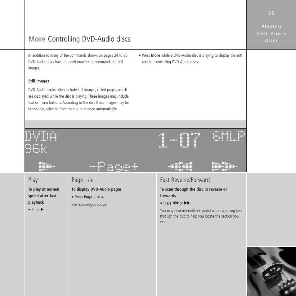 More controlling dvd-audio discs, Controlling, Fast forward/reverse | Still images, displaying, More, Controlling dvd-audio discs, Дез йик гез -page+ dvda 96k 6mlp | Meridian Audio Stereo System User Manual | Page 40 / 50