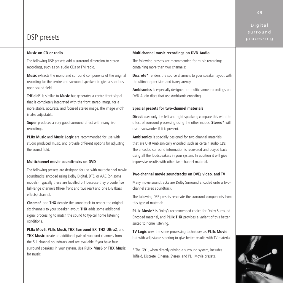 Dsp presets | Meridian Audio Stereo System User Manual | Page 44 / 50