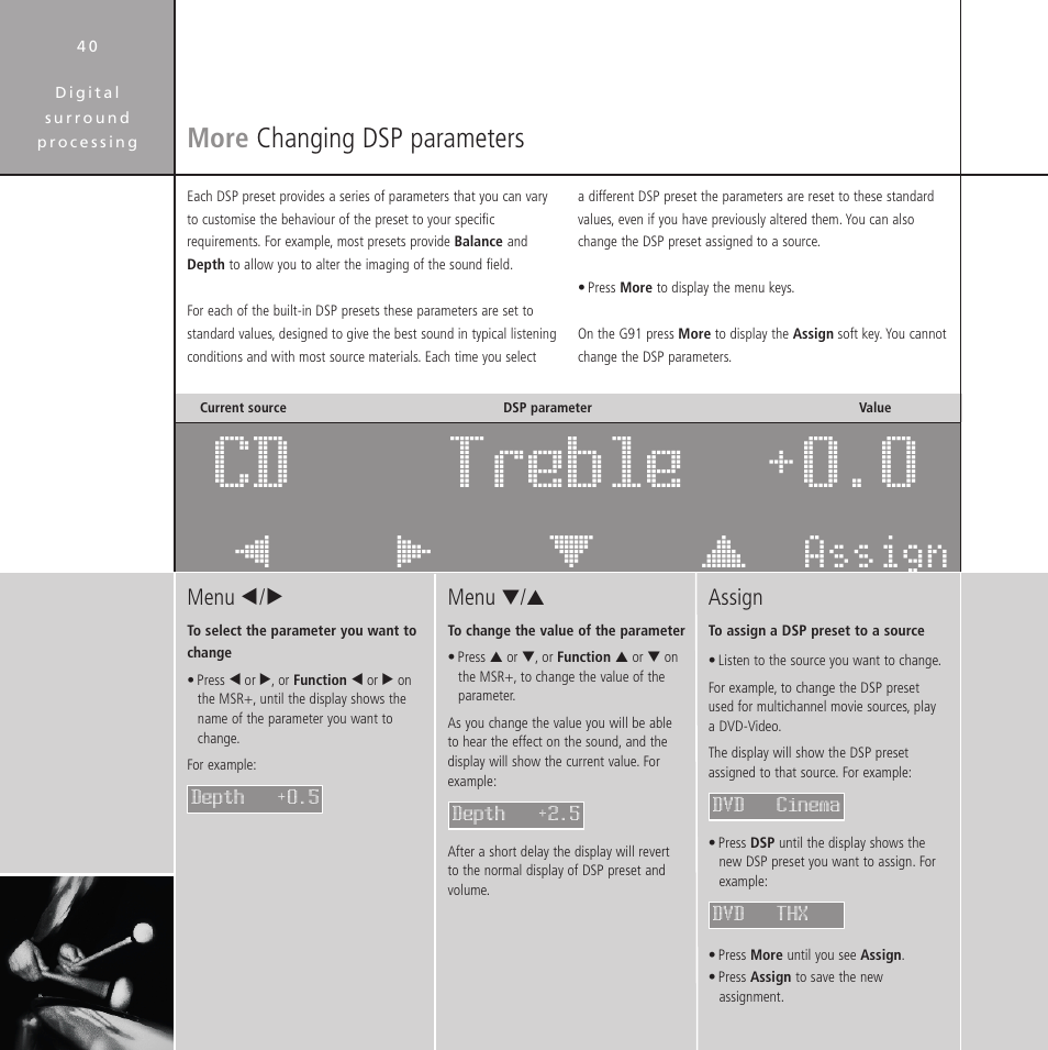 More changing dsp parameters, Assigning a dsp preset, Dsp preset parameters | Assigning to a source, More, Changing dsp parameters, Assign, Мо пс утф assign öõú | Meridian Audio Stereo System User Manual | Page 45 / 50
