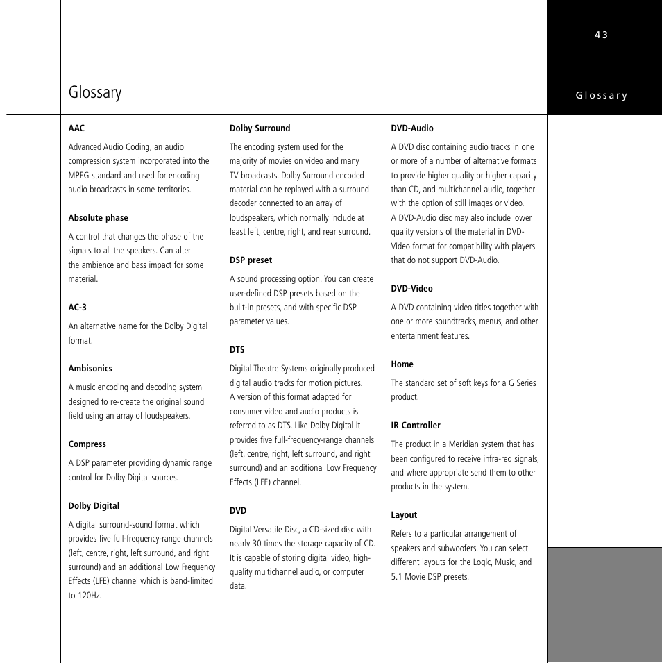 Glossary, Glossary 43 | Meridian Audio Stereo System User Manual | Page 48 / 50