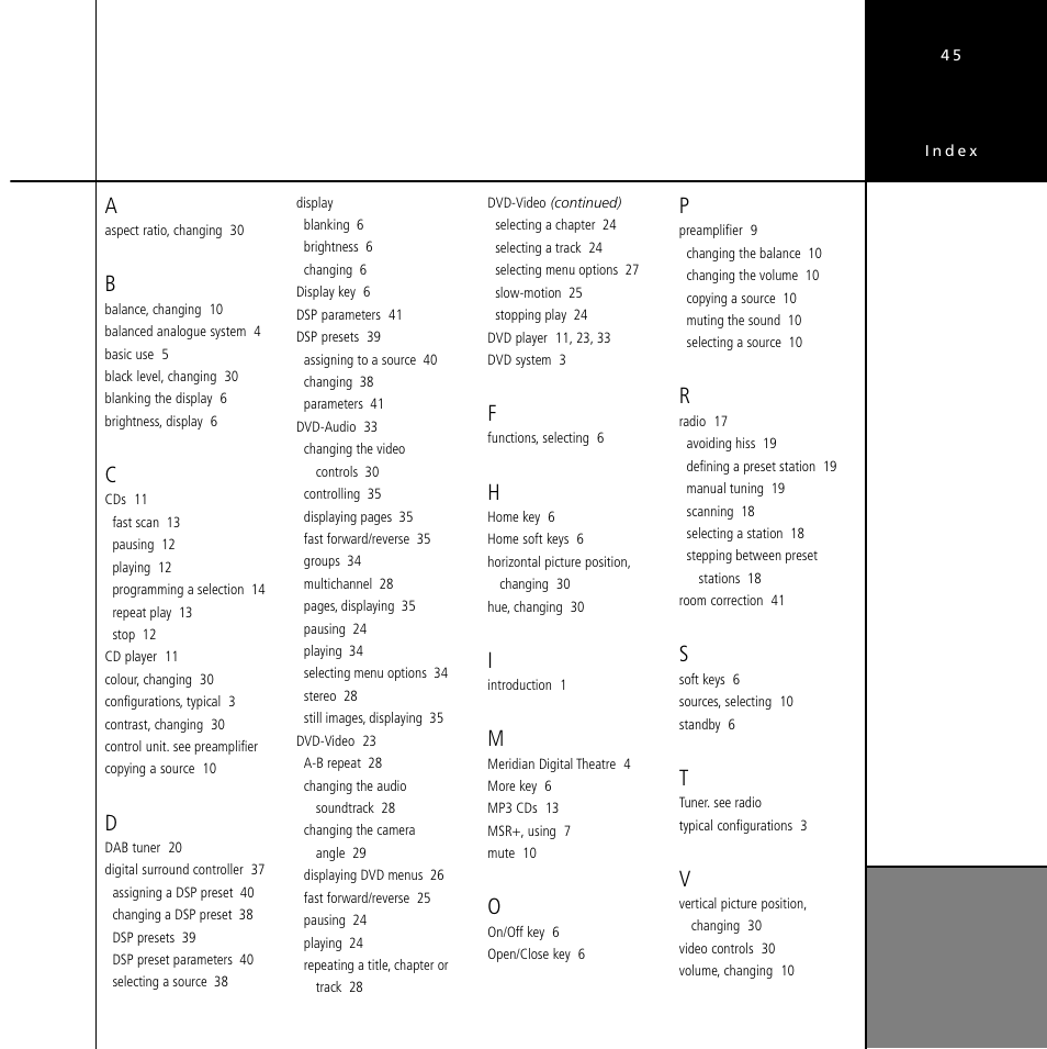 Index, Display, Index 45 | Meridian Audio Stereo System User Manual | Page 50 / 50