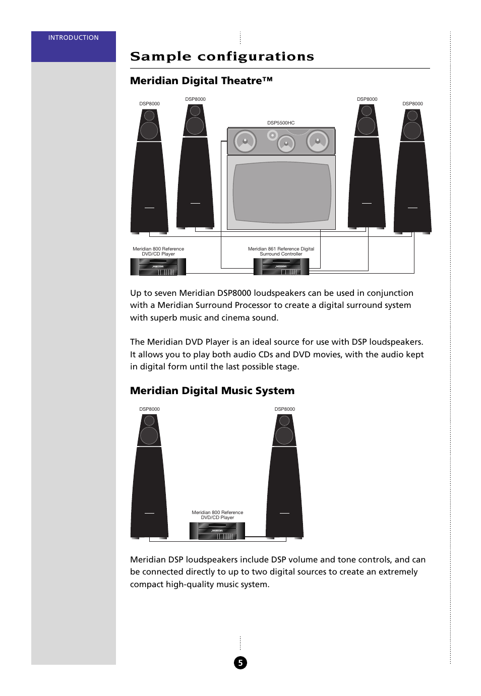 Sample configurations, Meridian digital music system, Meridian digital theatre | Meridian Audio 8000 User Manual | Page 10 / 45