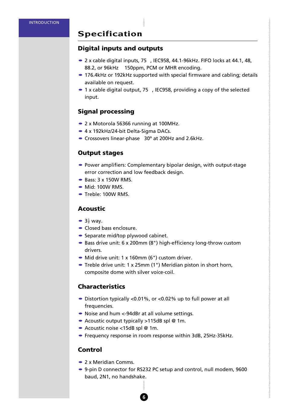 Specification, Digital inputs and outputs, Signal processing | Output stages, Acoustic, Characteristics, Control | Meridian Audio 8000 User Manual | Page 11 / 45