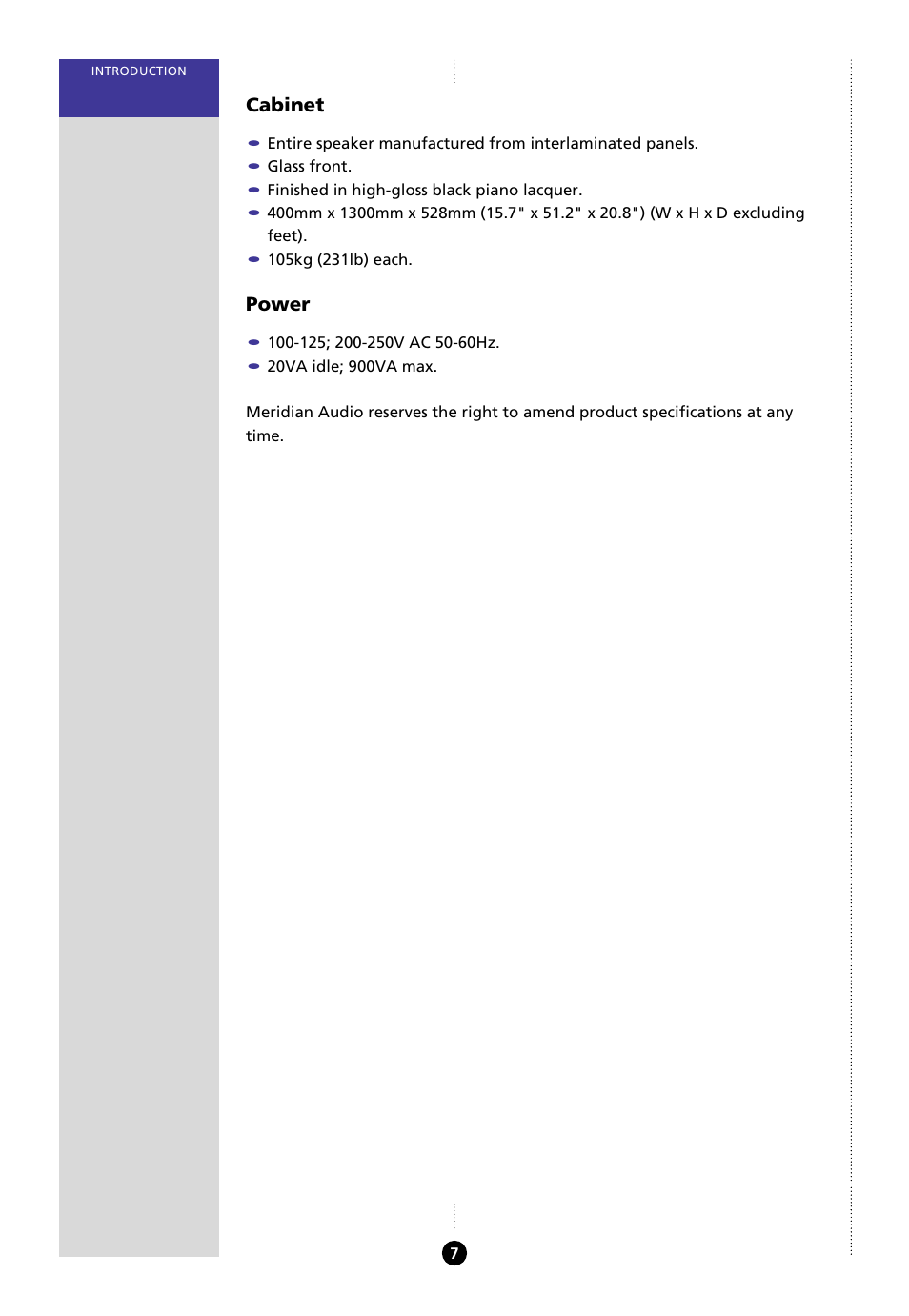 Cabinet, Power | Meridian Audio 8000 User Manual | Page 12 / 45