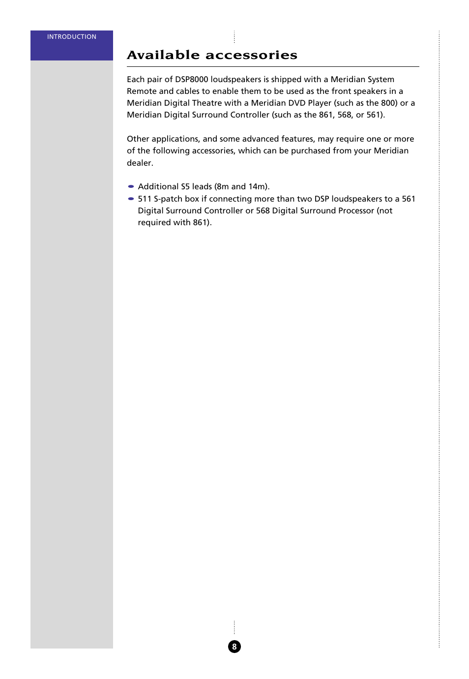 Available accessories, Accessories | Meridian Audio 8000 User Manual | Page 13 / 45