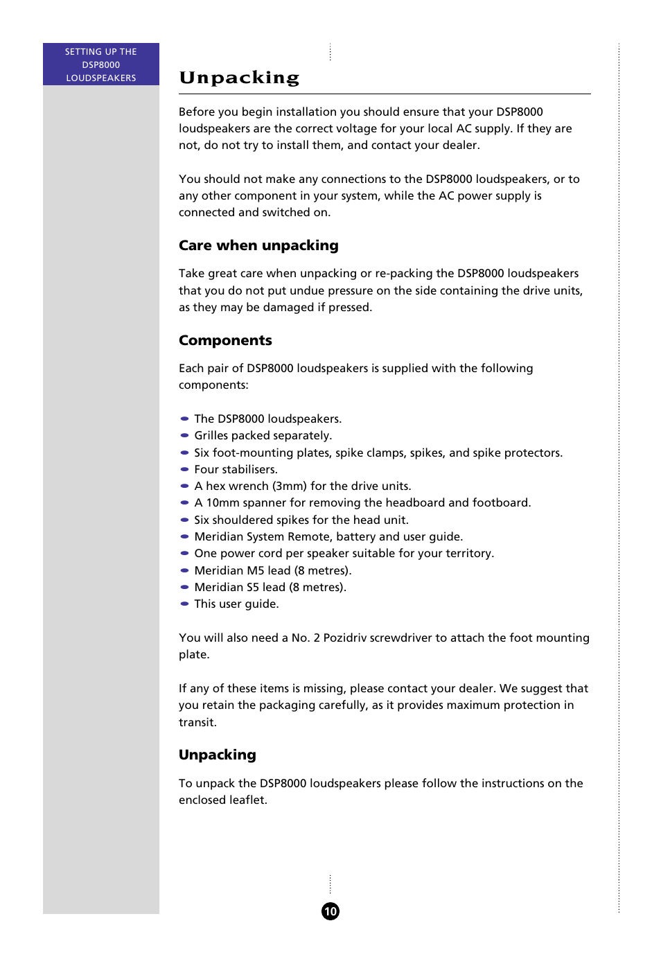 Unpacking, Components, Care when unpacking | Meridian Audio 8000 User Manual | Page 15 / 45