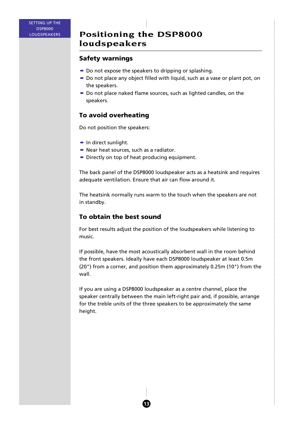 Positioning the dsp8000 loudspeakers, Positioning the loudspeakers, Safety warnings | Meridian Audio 8000 User Manual | Page 18 / 45
