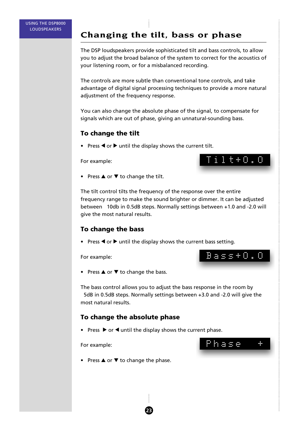 Changing the tilt, bass or phase, Absolute phase, changing, Bass, changing | Tilt, changing, Tilt+0.0, Bass+0.0, Phase | Meridian Audio 8000 User Manual | Page 28 / 45