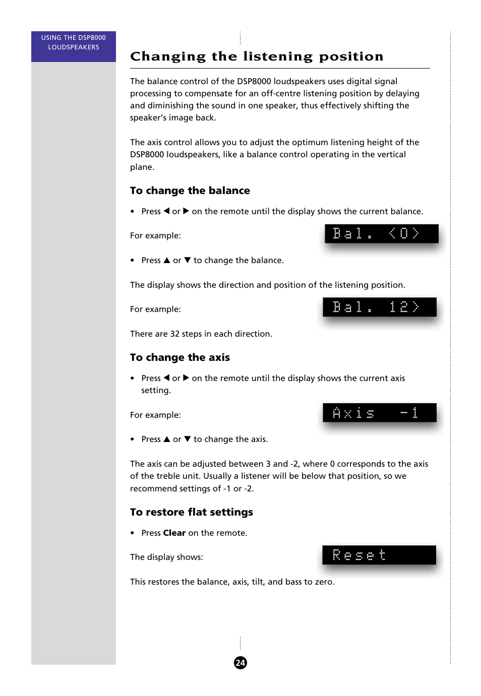 Changing the listening position, Axis, changing, Balance, changing | Listening position, changing, Bal. <0, Bal. 12, Axis -1, Reset | Meridian Audio 8000 User Manual | Page 29 / 45