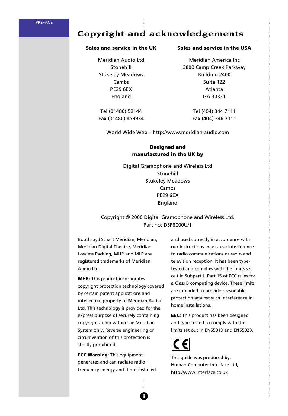 Copyright and acknowledgements | Meridian Audio 8000 User Manual | Page 3 / 45