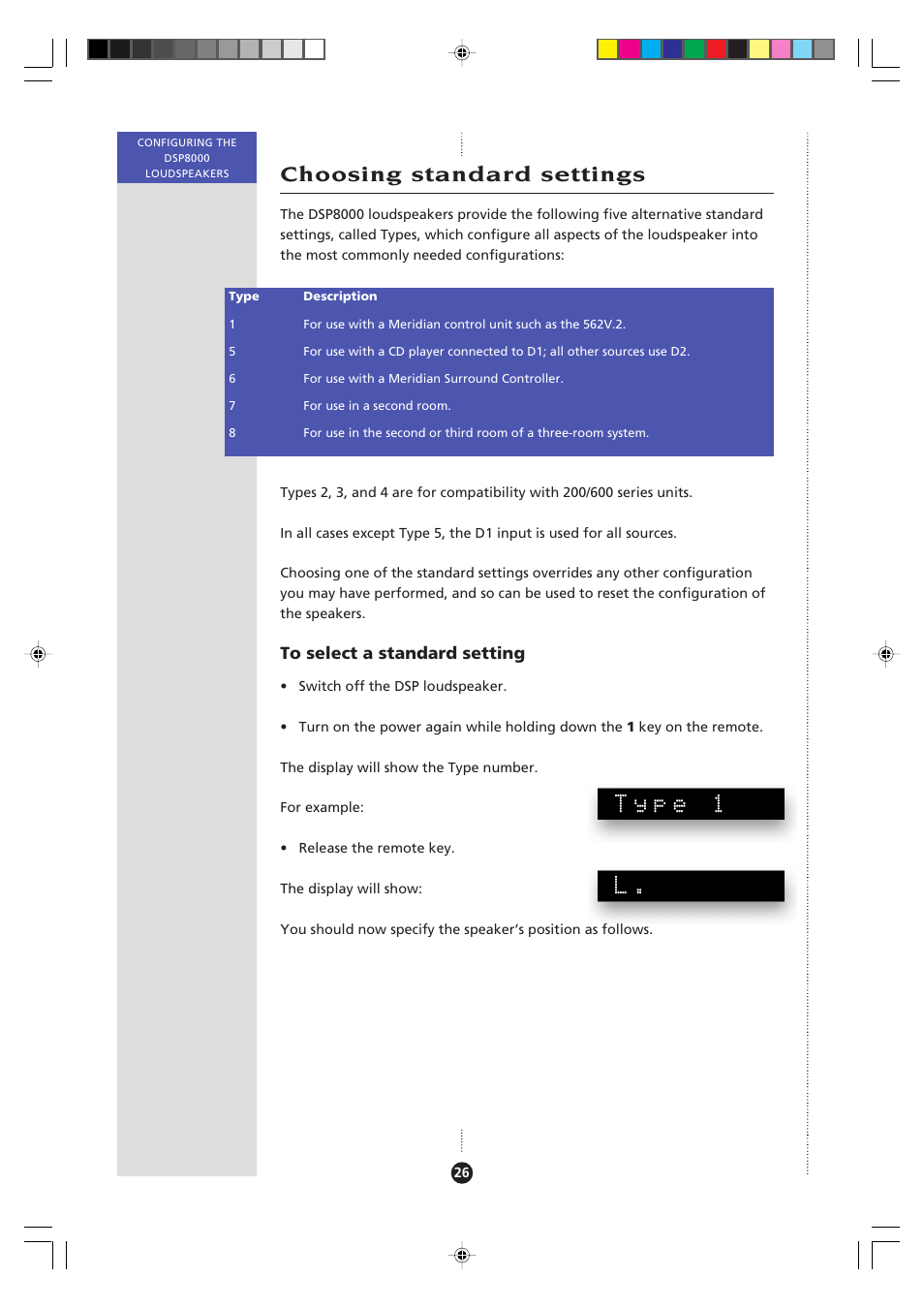 Choosing standard settings, Standard settings, selecting, Type 1 | Meridian Audio 8000 User Manual | Page 31 / 45