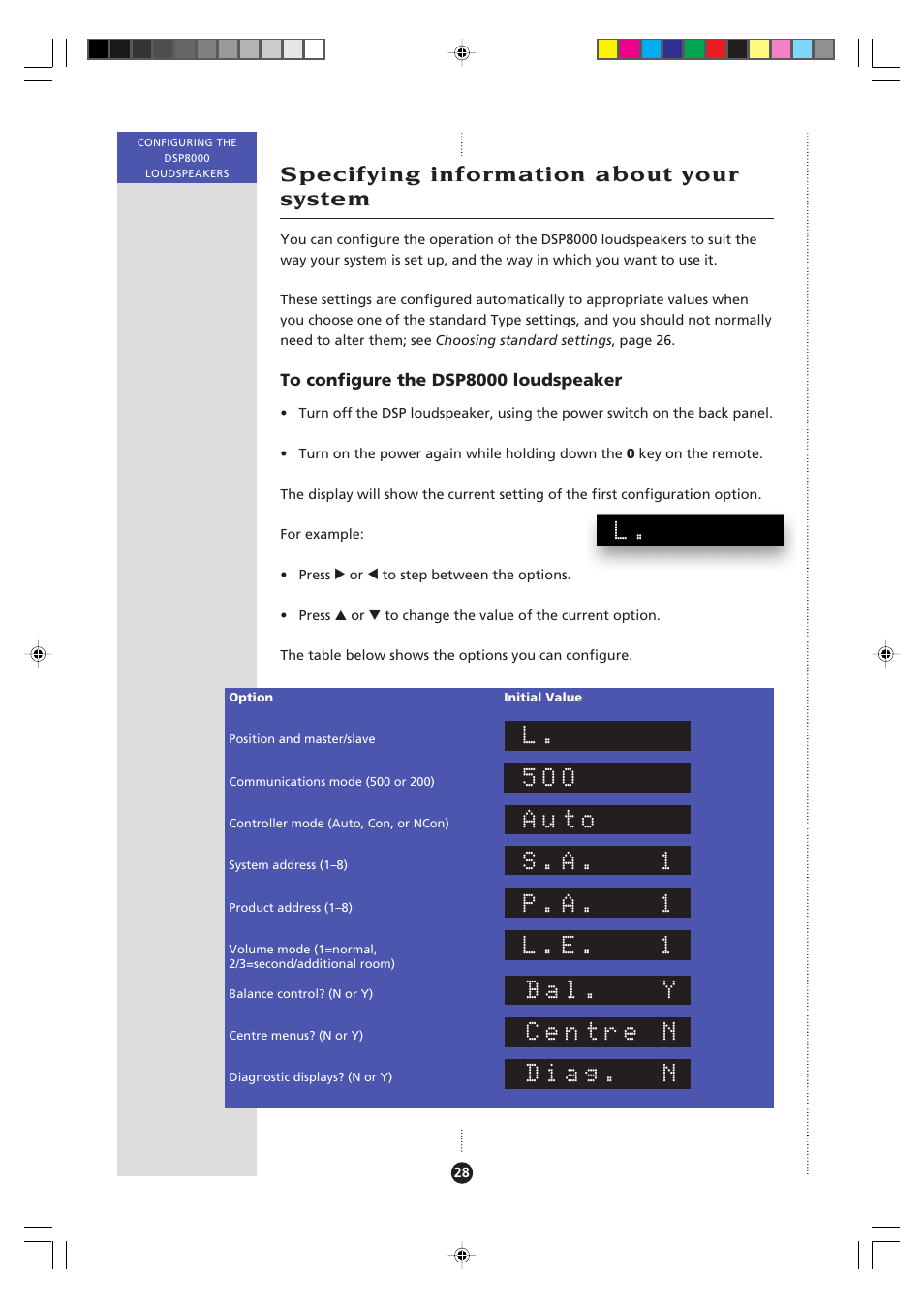 Specifying information about your system, Configuration options, Balance control | Centre menus, Communications mode, Controller mode, Diagnostic displays, Position and master/slave, Product address, System address | Meridian Audio 8000 User Manual | Page 33 / 45