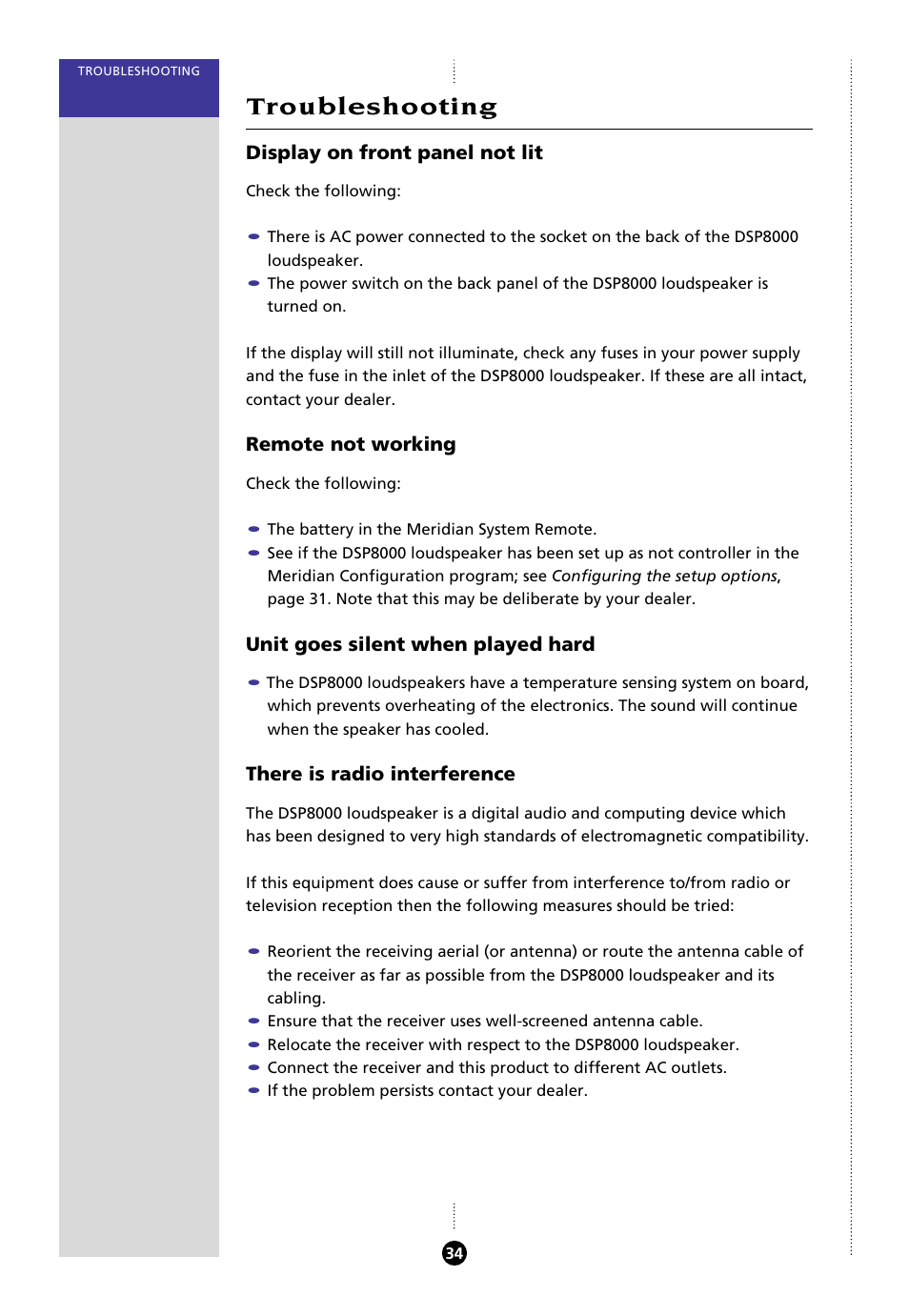 Troubleshooting, Display on front panel not lit, Remote not working | Unit goes silent when played hard, There is radio interference | Meridian Audio 8000 User Manual | Page 39 / 45