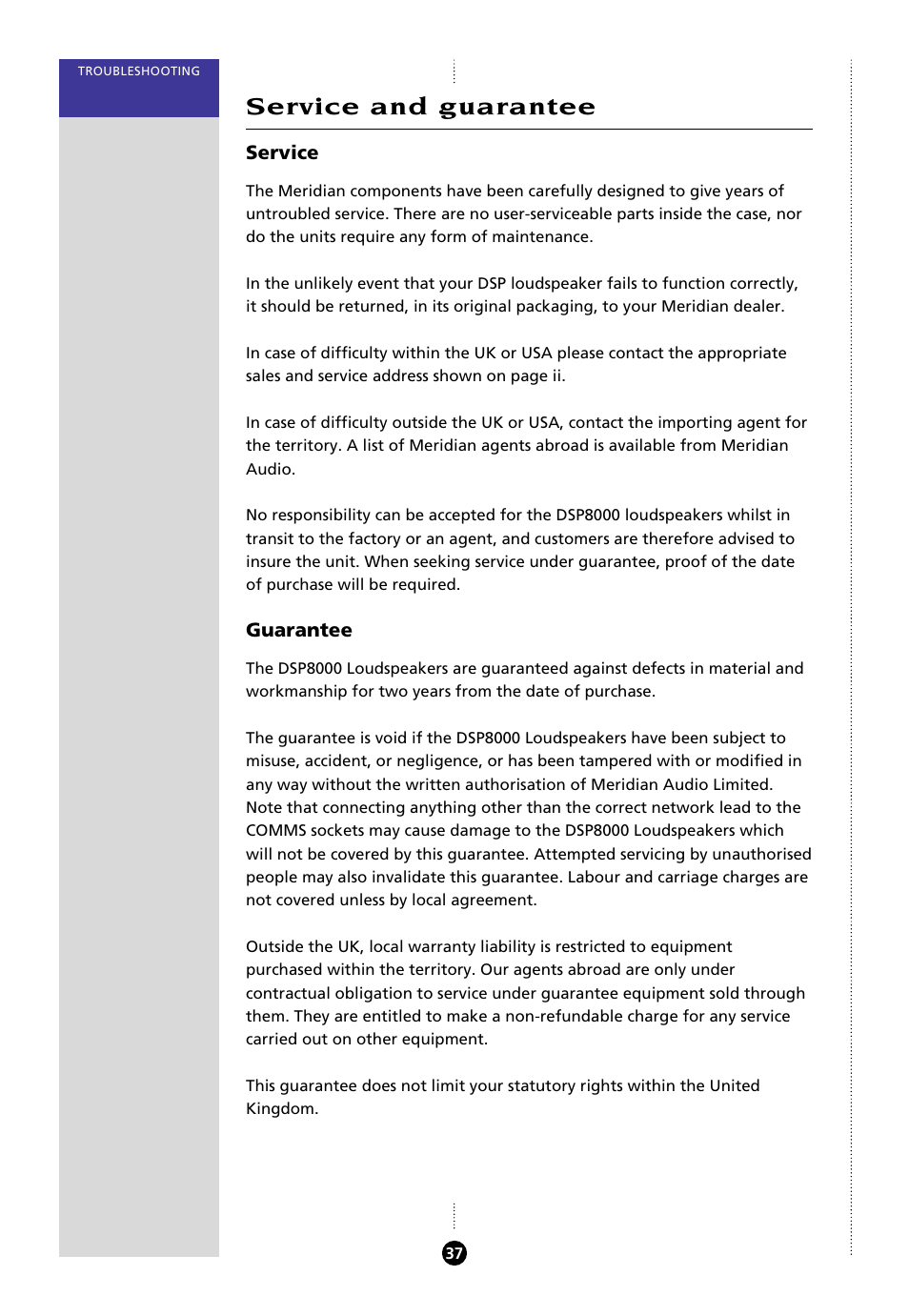 Service and guarantee, Guarantee, Service | Meridian Audio 8000 User Manual | Page 42 / 45