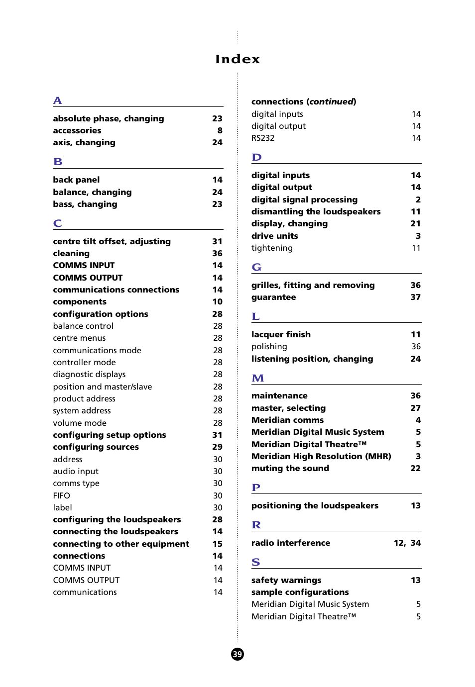 Index, Sample configurations | Meridian Audio 8000 User Manual | Page 44 / 45
