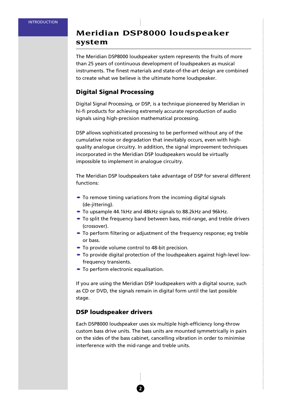 Meridian dsp8000 loudspeaker system, Digital signal processing, Dsp loudspeaker drivers | Meridian Audio 8000 User Manual | Page 7 / 45
