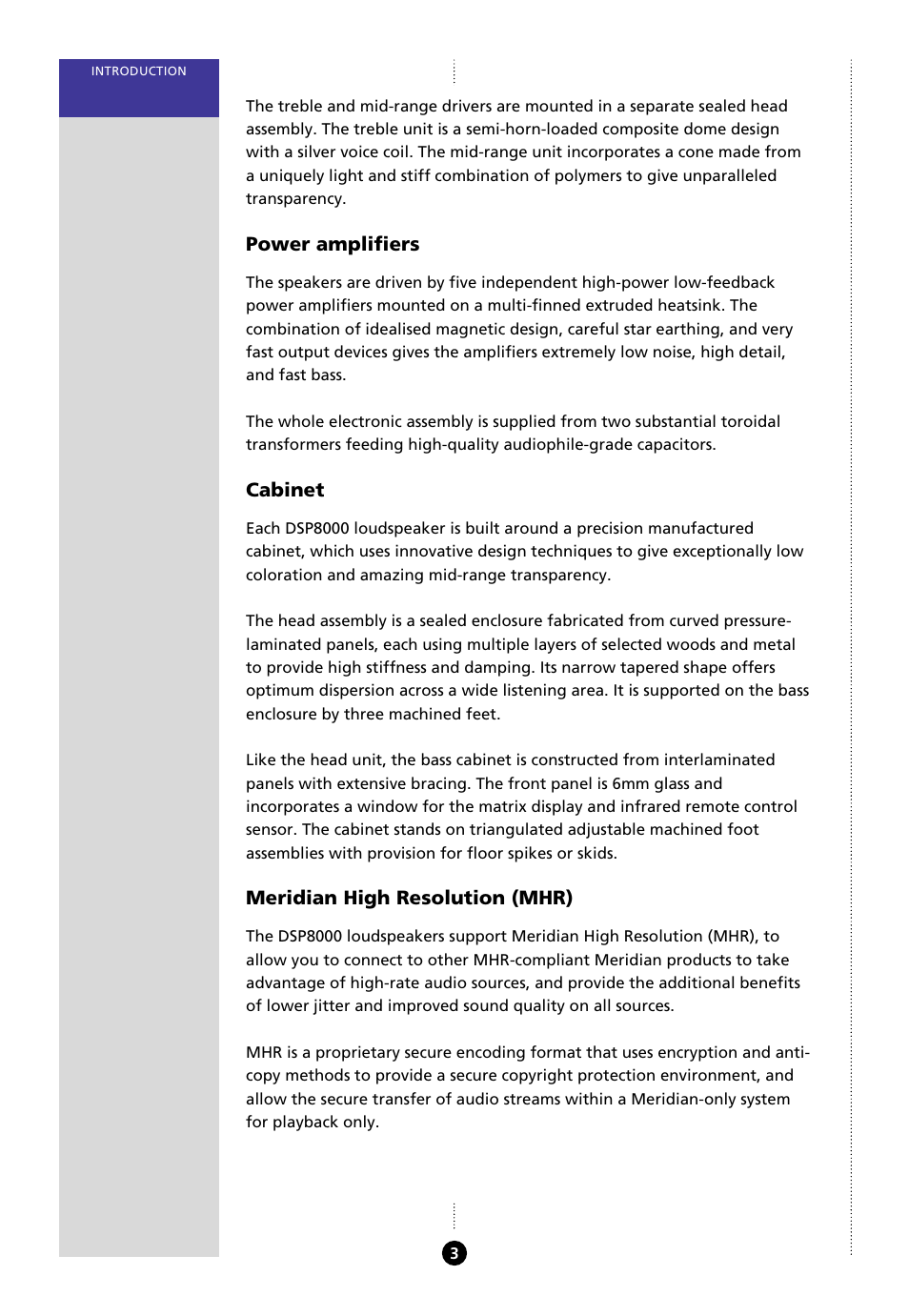 Drive units, Meridian high resolution (mhr), Power amplifiers | Cabinet | Meridian Audio 8000 User Manual | Page 8 / 45