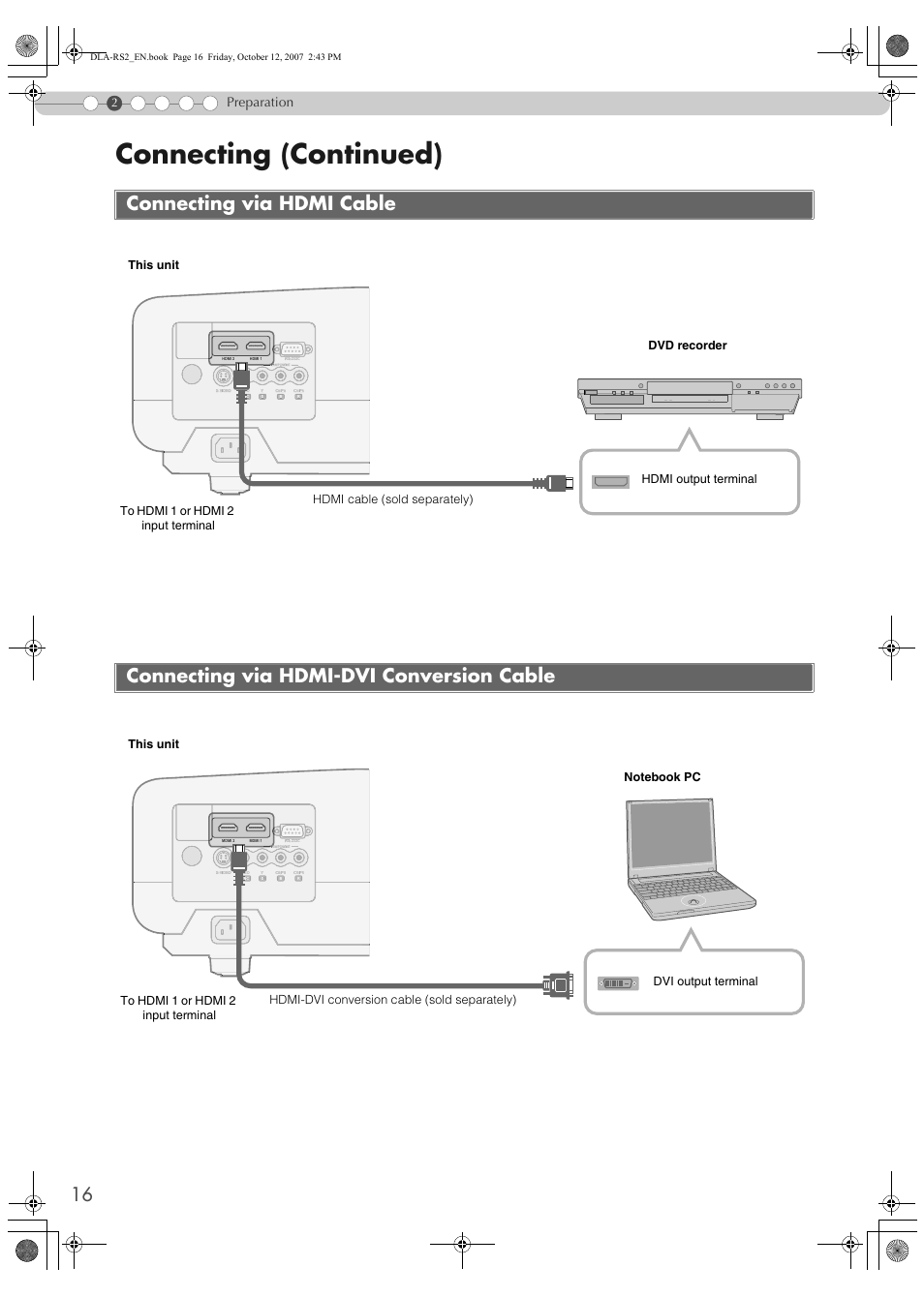 Connecting via hdmi cable, Connecting via hdmi-dvi conversion cable, Connecting (continued) | Preparation | Meridian Audio MF-10 User Manual | Page 16 / 55