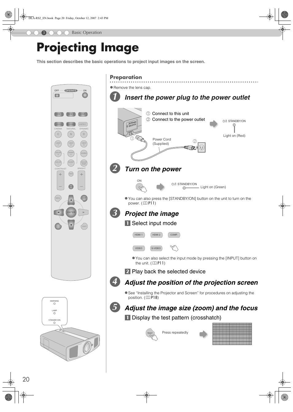 Basic operation, Projecting image, Insert the power plug to the power outlet | Turn on the power, Project the image, Adjust the position of the projection screen, Adjust the image size (zoom) and the focus, Aselect input mode b play back the selected device, Adisplay the test pattern (crosshatch), Preparation | Meridian Audio MF-10 User Manual | Page 20 / 55